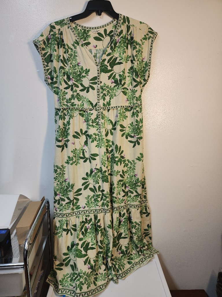 Max Studio London Floral Cream Green Purple Tiered Maxidress Large Boho Linen